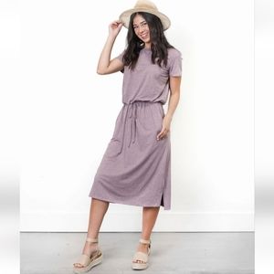 Reborn J Women's Cinch-waist Drawstring Midi Crewneck T-Shirt Dress Wine - Large